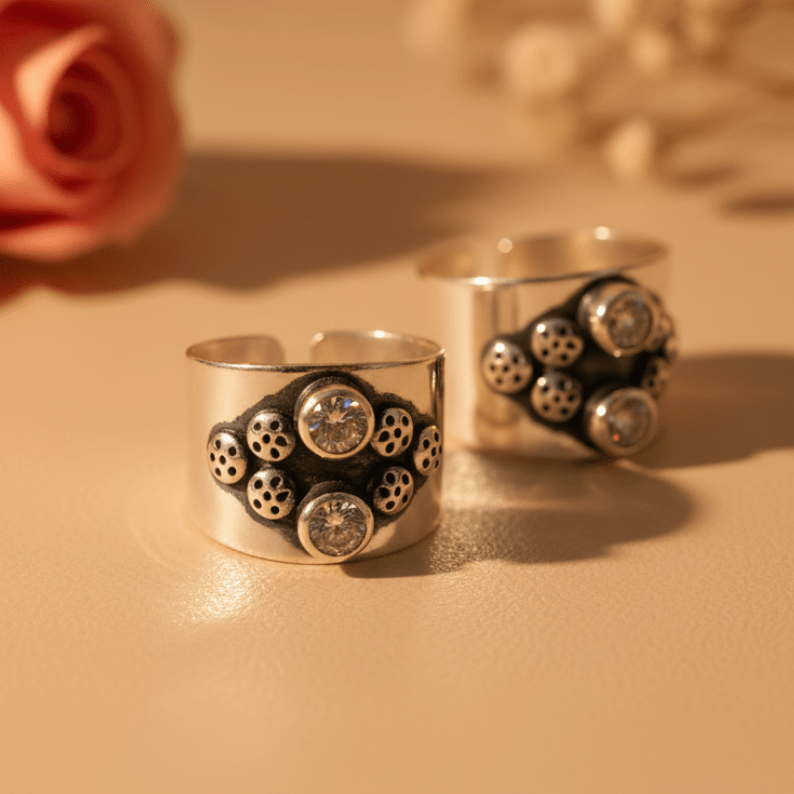 Tara Double Stone Wide Toe Rings (Medium) - Zirak Silver