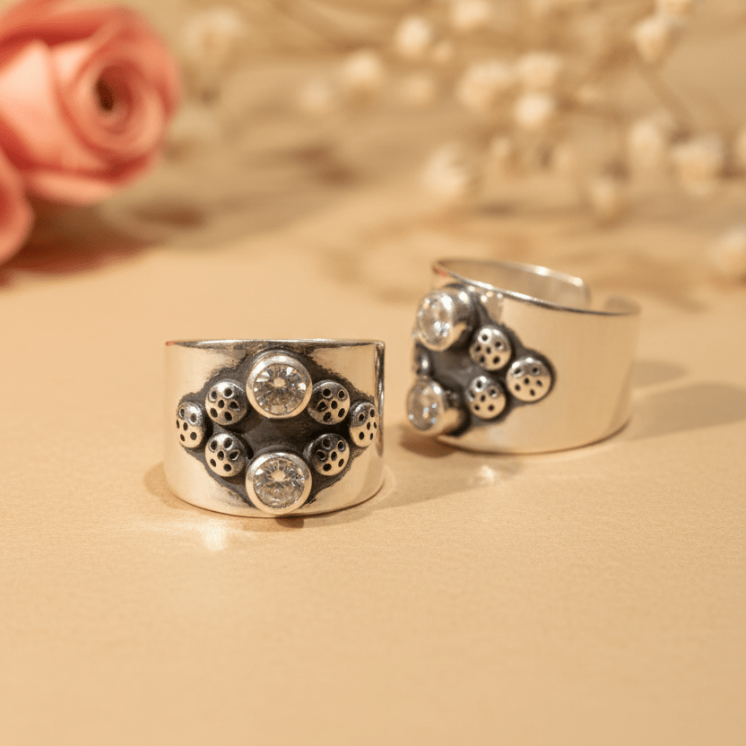 Tara Double Stone Wide Toe Rings (Medium) - Zirak Silver