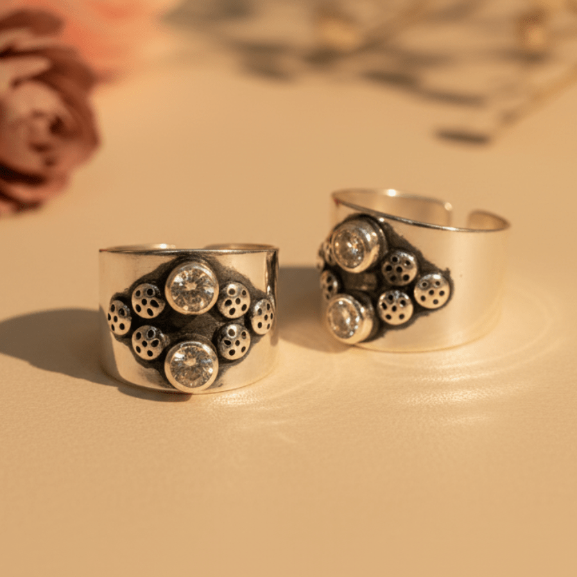 Tara Double Stone Wide Toe Rings (Medium) - Zirak Silver
