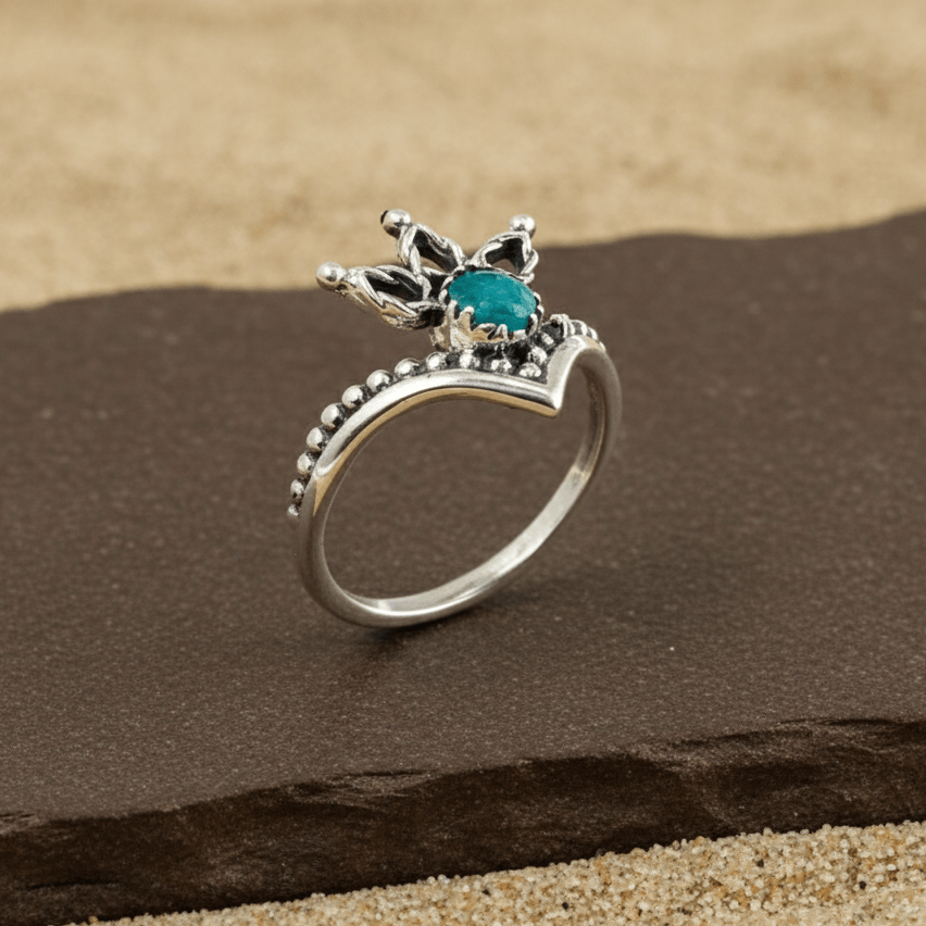 Teal Crystal Crown Ring – Sterling Silver V - Shape Queen Tiara Ring - Zirak Silver