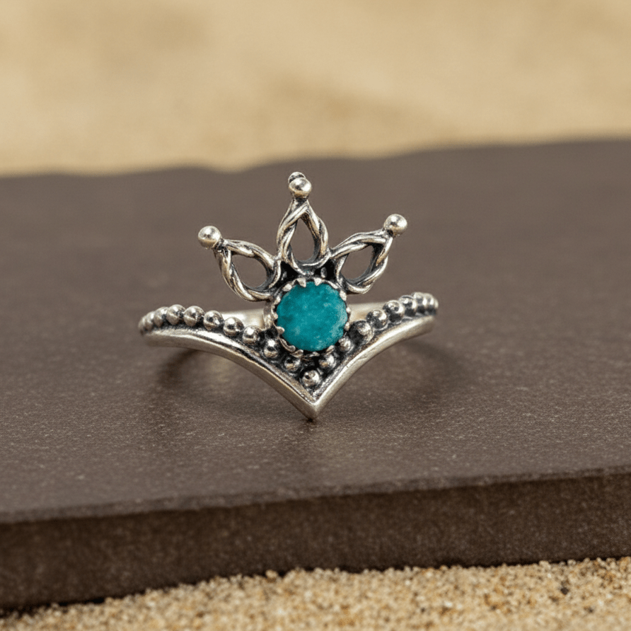 Teal Crystal Crown Ring – Sterling Silver V - Shape Queen Tiara Ring - Zirak Silver