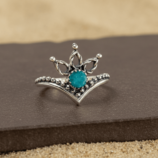 Teal Crystal Crown Ring – Sterling Silver V - Shape Queen Tiara Ring - Zirak Silver