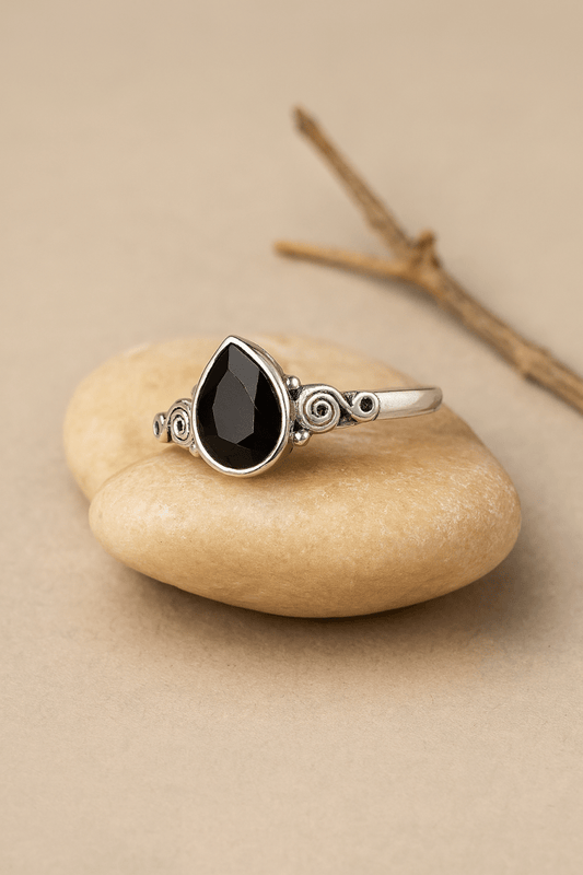 Teardrop Black Onyx Ring with Vintage Scroll Detailing - Zirak Silver