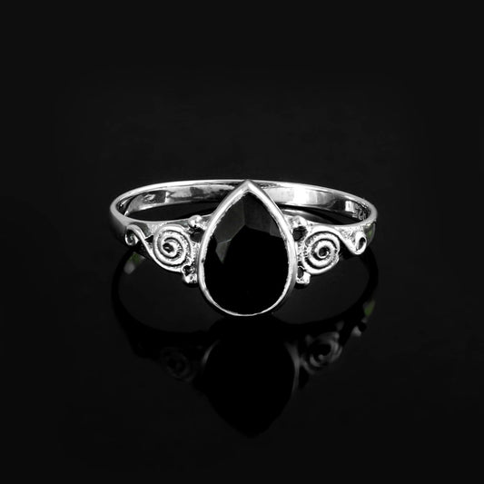 Teardrop Black Onyx Ring with Vintage Scroll Detailing - Zirak Silver