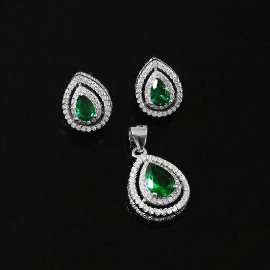 Teardrop Emerald Green Pendant Set - Zirak Silver