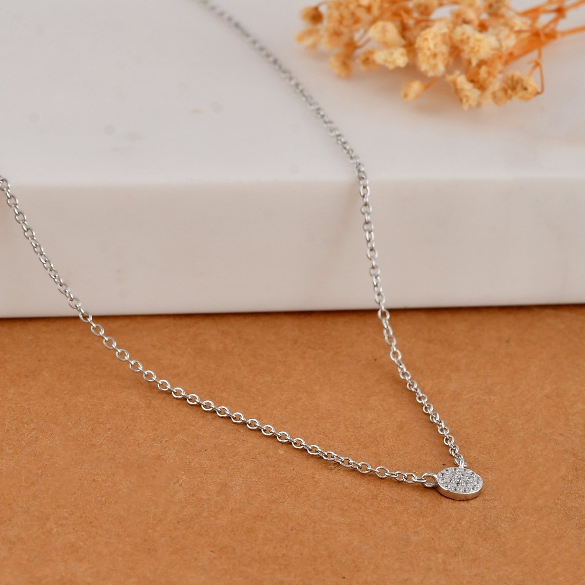 Tiny Pave Disc Necklace in 925 Sterling Silver – Minimalist Round CZ Pendant Choker - Zirak Silver
