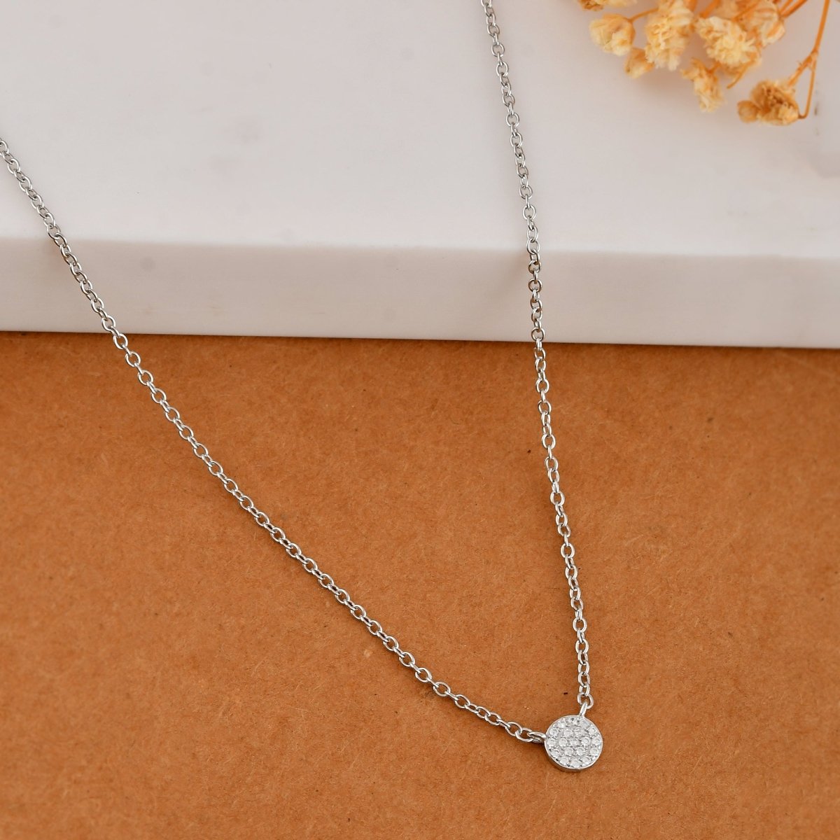 Tiny Pave Disc Necklace in 925 Sterling Silver – Minimalist Round CZ Pendant Choker - Zirak Silver