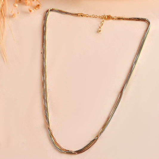 Tri - Color Layered Box - Chain Necklace | Gold, Rose & Silver Tone Statement Collar - Zirak Silver