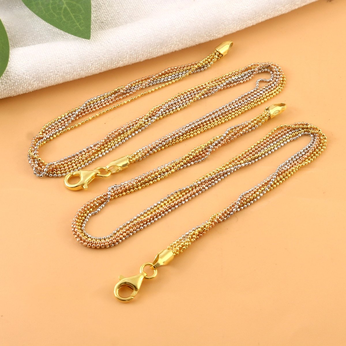 Tri - Tone Beaded Silver Anklet | Gold, Silver & Rose Gold Plated Anklet | Twisted Multistrand Jewelry - Zirak Silver