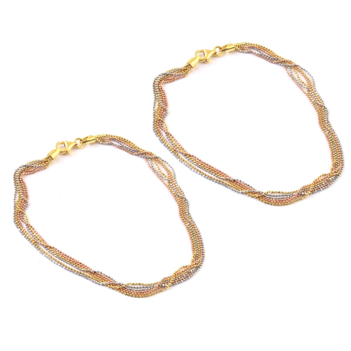 Tri - Tone Beaded Silver Anklet | Gold, Silver & Rose Gold Plated Anklet | Twisted Multistrand Jewelry - Zirak Silver