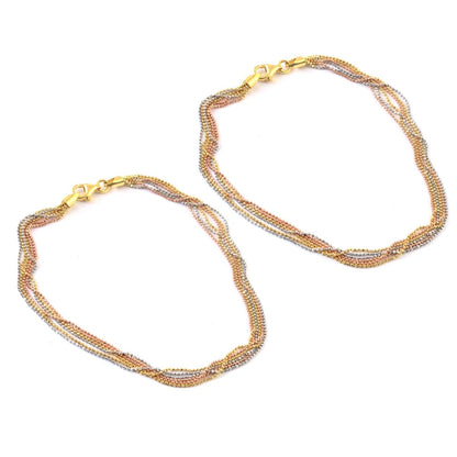 Tri - Tone Beaded Silver Anklet | Gold, Silver & Rose Gold Plated Anklet | Twisted Multistrand Jewelry - Zirak Silver