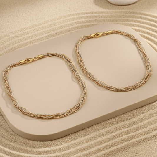 Tri - Tone Beaded Silver Anklet | Gold, Silver & Rose Gold Plated Anklet | Twisted Multistrand Jewelry - Zirak Silver