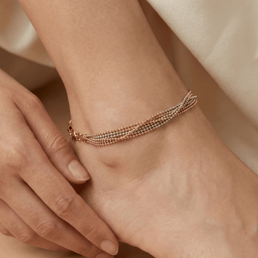 Tri - Tone Beaded Silver Anklet | Gold, Silver & Rose Gold Plated Anklet | Twisted Multistrand Jewelry - Zirak Silver