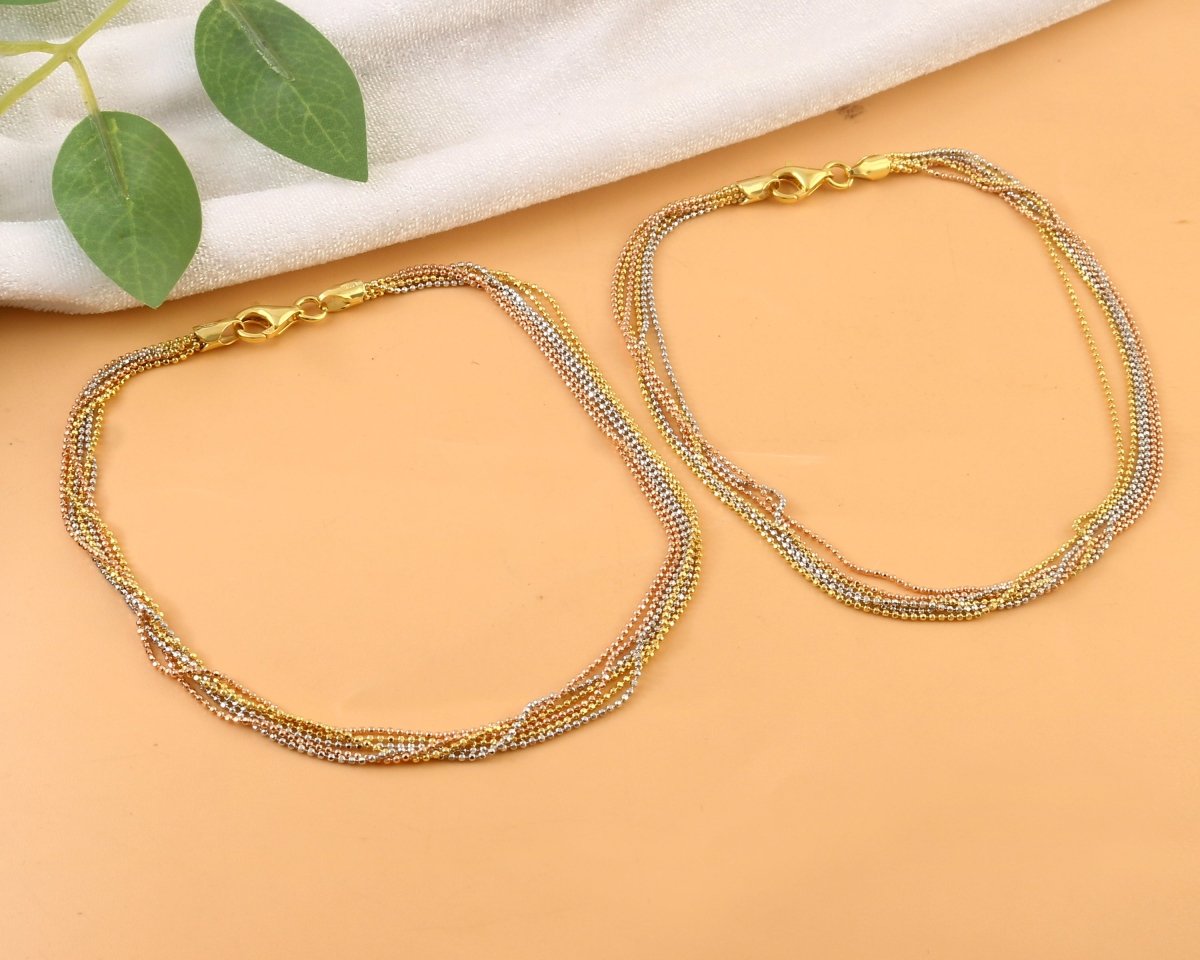 Tri - Tone Beaded Silver Anklet | Gold, Silver & Rose Gold Plated Anklet | Twisted Multistrand Jewelry - Zirak Silver