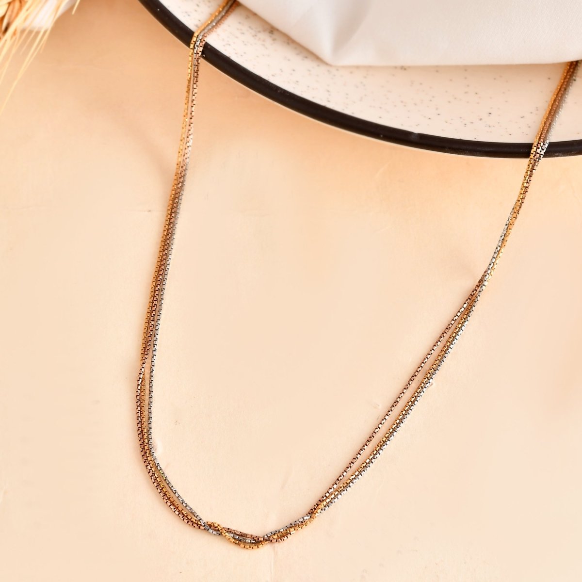 Tri - Tone Dainty Box - Chain Necklace | Gold, Rose & Silver Layered Strand - Zirak Silver