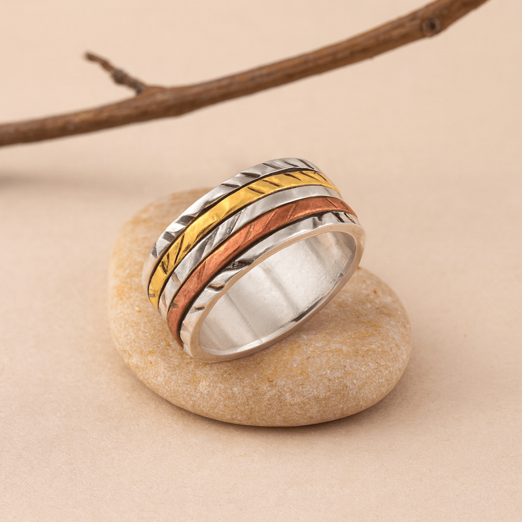 Tri - Tone Spinner Meditation Ring - Zirak Silver