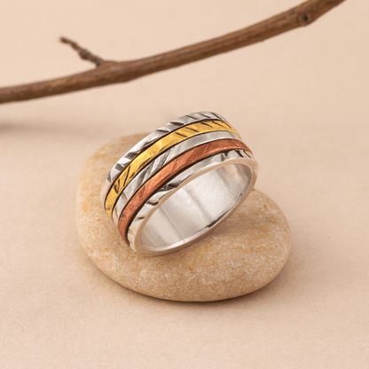 Tri - Tone Spinner Meditation Ring - Zirak Silver