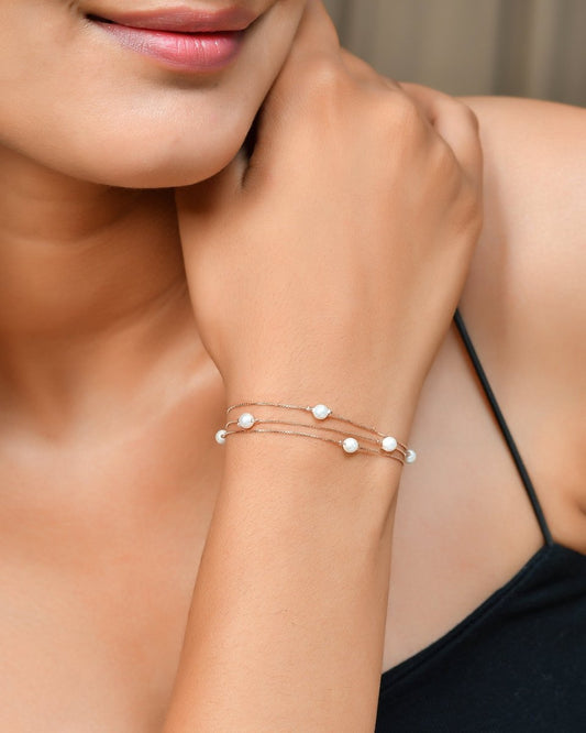 Triple - Layer Rose - Gold Pearl Station Bracelet | Dainty 925 Sterling Silver Chain with Floating Beads - Zirak Silver