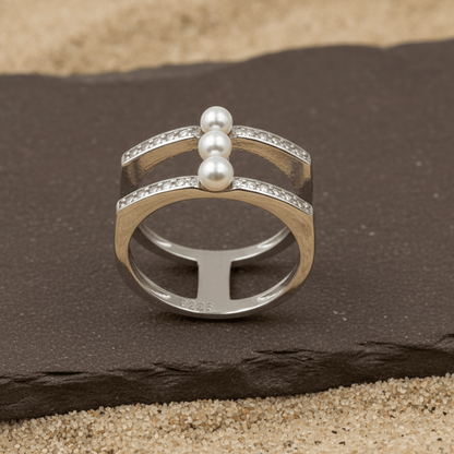 Triple Pearl Pavé Bar Ring – Modern Sterling Silver Statement Band - Zirak Silver