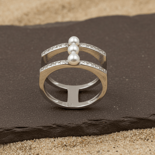 Triple Pearl Pavé Bar Ring – Modern Sterling Silver Statement Band - Zirak Silver