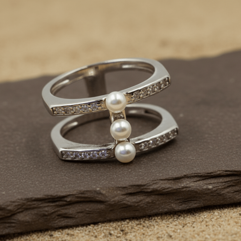 Triple Pearl Pavé Bar Ring – Modern Sterling Silver Statement Band - Zirak Silver