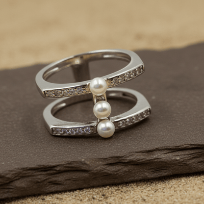 Triple Pearl Pavé Bar Ring – Modern Sterling Silver Statement Band - Zirak Silver