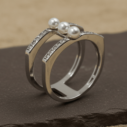 Triple Pearl Pavé Bar Ring – Modern Sterling Silver Statement Band - Zirak Silver