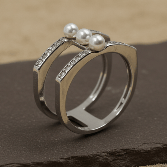 Triple Pearl Pavé Bar Ring – Modern Sterling Silver Statement Band - Zirak Silver