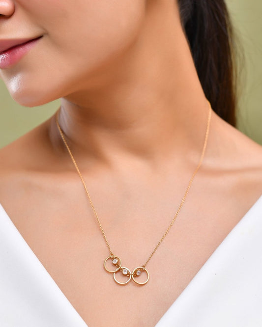 Triple Ring Crystal Necklace – Gold - Plated Minimal Chain with Crystal Charms - Zirak Silver