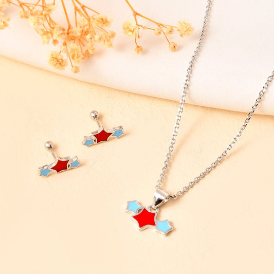 Triple - Star Sterling - Silver Kids Pendant & Stud Set | Red - Sky Enamel Constellation - Zirak Silver