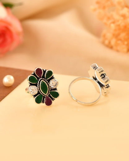 Tulsi Gemstone Floral Toe Rings - Zirak Silver