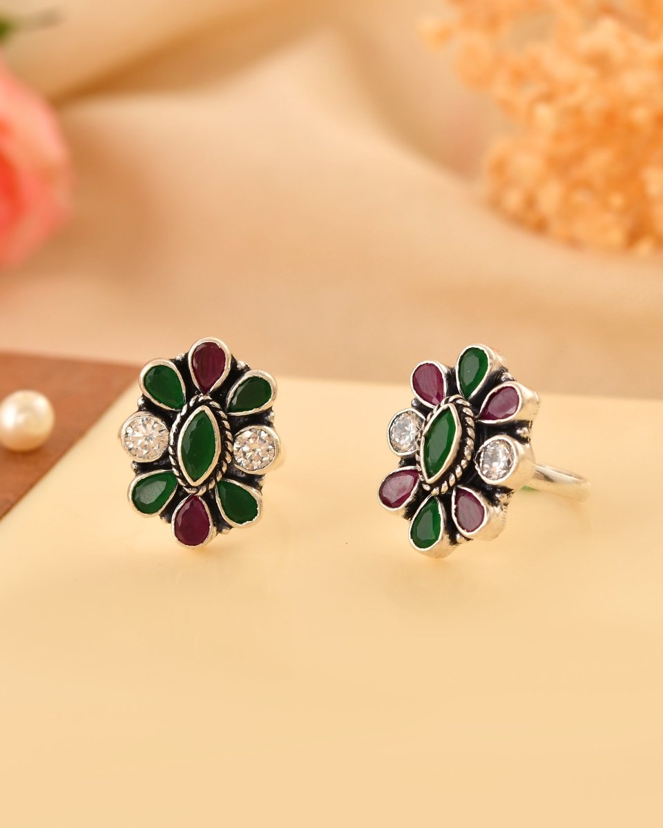 Tulsi Gemstone Floral Toe Rings - Zirak Silver