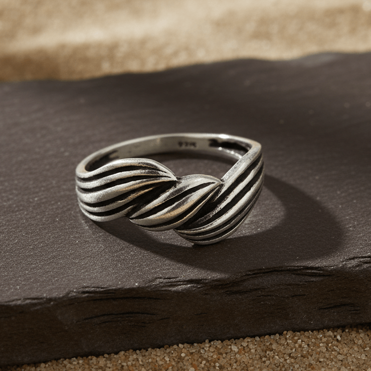 Twisted Wave Band – Oxidized Silver Textured Ring - Zirak Silver