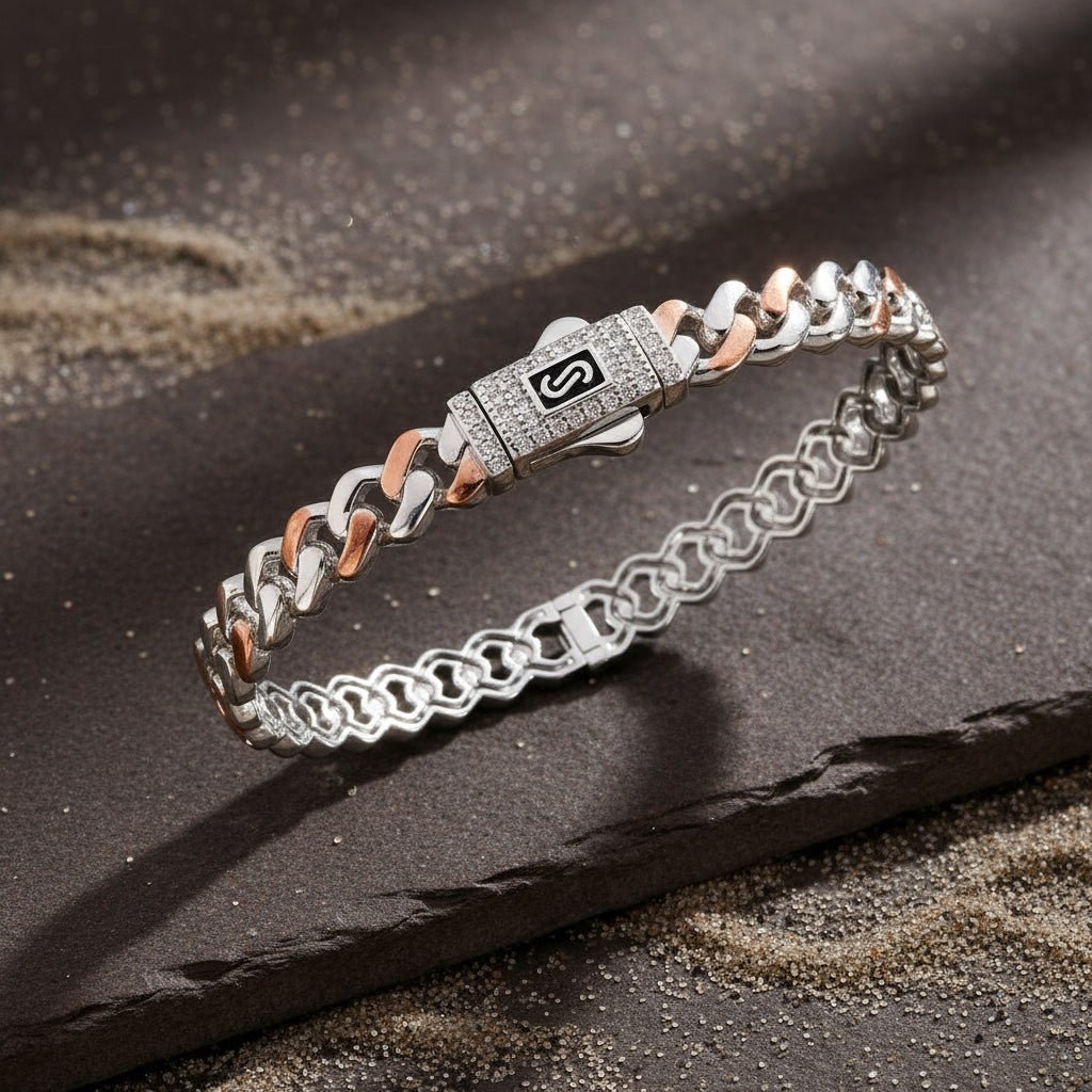 Two - Tone Sterling Silver Chain Link Bracelet with CZ - Zirak Silver