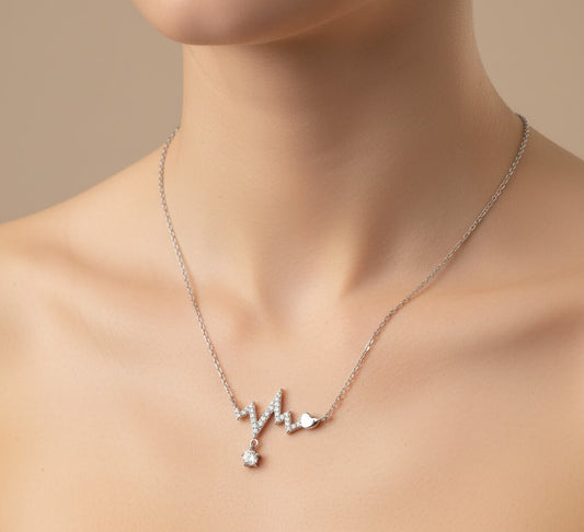 925 Sterling Silver Heartbeat Necklace | CZ Drop Pendant with Heart Charm | Minimal Everyday Silver Jewelry