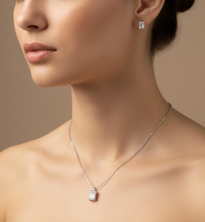 925 Sterling Silver Necklace and Stud Set | Minimal Baguette CZ Pendant & Earring Set for Women