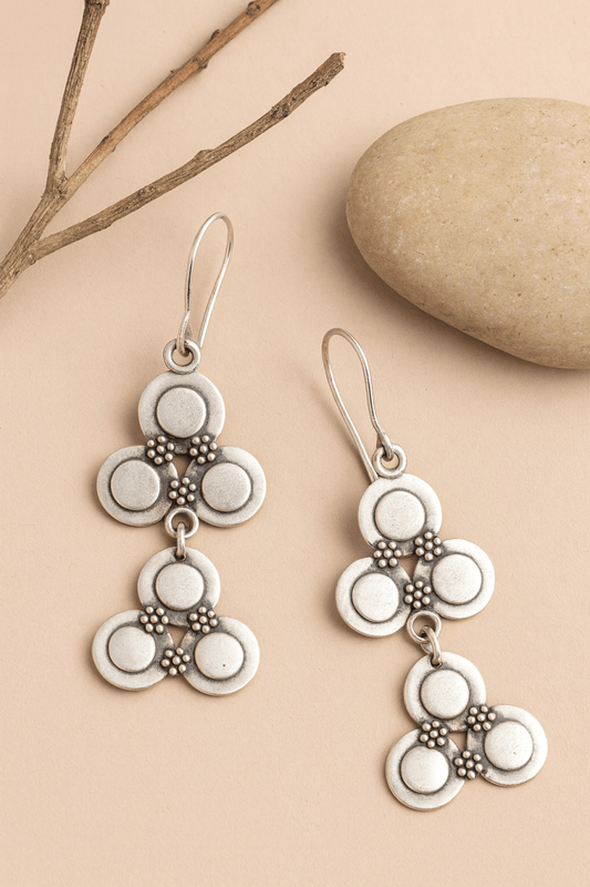 Vanya Earrings – Oxidised 925 Silver Geometric Floral Dangle Earrings - Zirak Silver