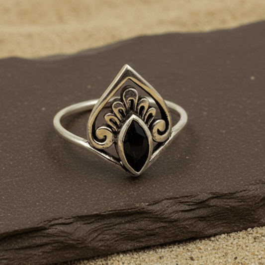 Vintage Black Marquise Silver Ring – Antique Pattern 925 Sterling - Zirak Silver