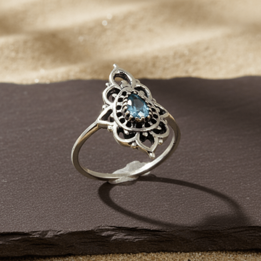 Vintage Blue Teardrop Mandala Ring – Sterling Silver Boho Statement Ring - Zirak Silver