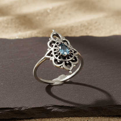 Vintage Blue Teardrop Mandala Ring – Sterling Silver Boho Statement Ring - Zirak Silver