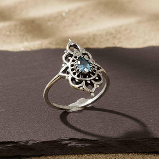 Vintage Blue Teardrop Mandala Ring – Sterling Silver Boho Statement Ring - Zirak Silver