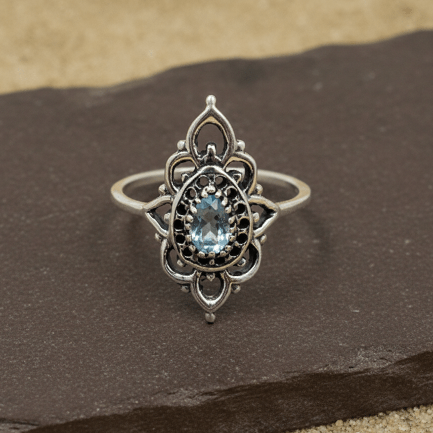 Vintage Blue Teardrop Mandala Ring – Sterling Silver Boho Statement Ring - Zirak Silver