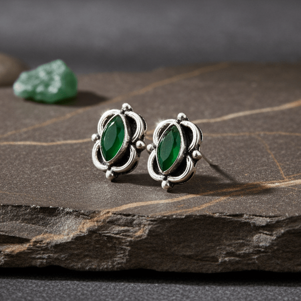 Vintage Green Marquise Stone Stud Earrings in 925 Silver - Zirak Silver