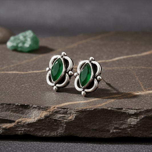 Vintage Green Marquise Stone Stud Earrings in 925 Silver - Zirak Silver