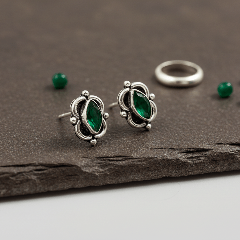 Vintage Green Marquise Stone Stud Earrings in 925 Silver - Zirak Silver