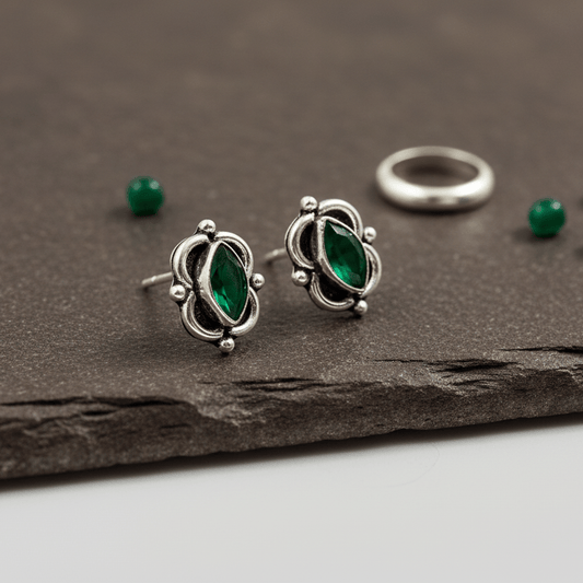 Vintage Green Marquise Stone Stud Earrings in 925 Silver - Zirak Silver