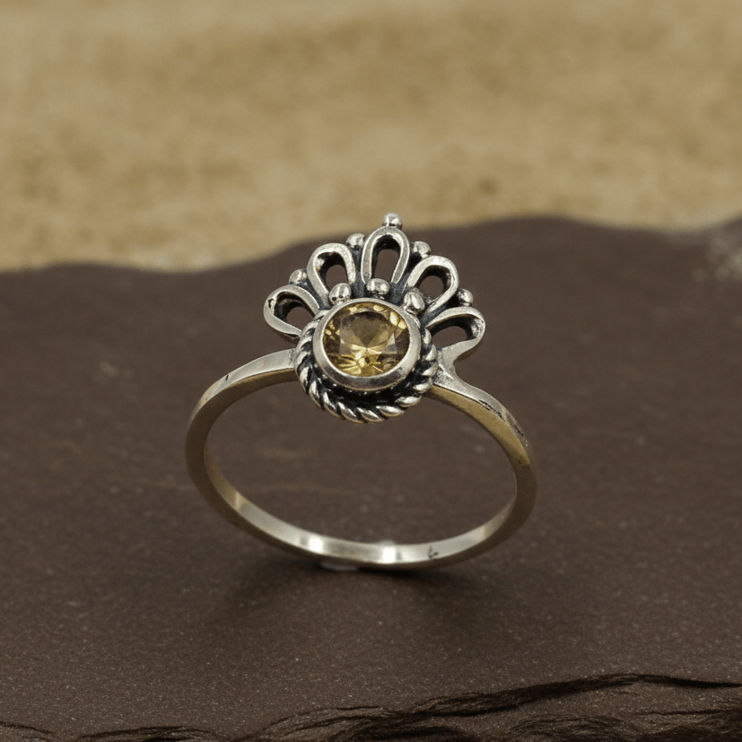 Vintage Oxidized Silver Yellow Stone Crown Ring - Zirak Silver