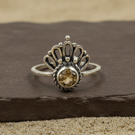Vintage Oxidized Silver Yellow Stone Crown Ring - Zirak Silver
