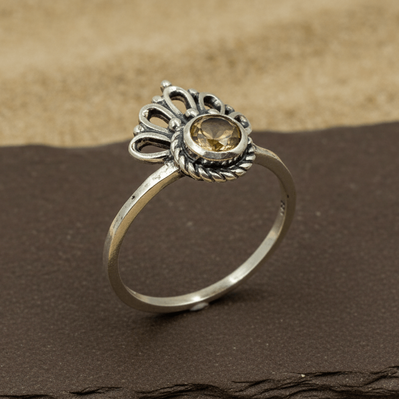 Vintage Oxidized Silver Yellow Stone Crown Ring - Zirak Silver