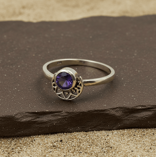 Vintage Purple Solitaire Mandala Silver Ring - Zirak Silver